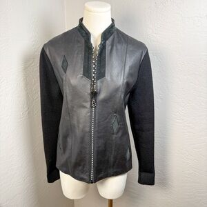 Vintage Ding Ding of Nevada Leather & Knit Zip Jacket Rhinestone Zipper Size S